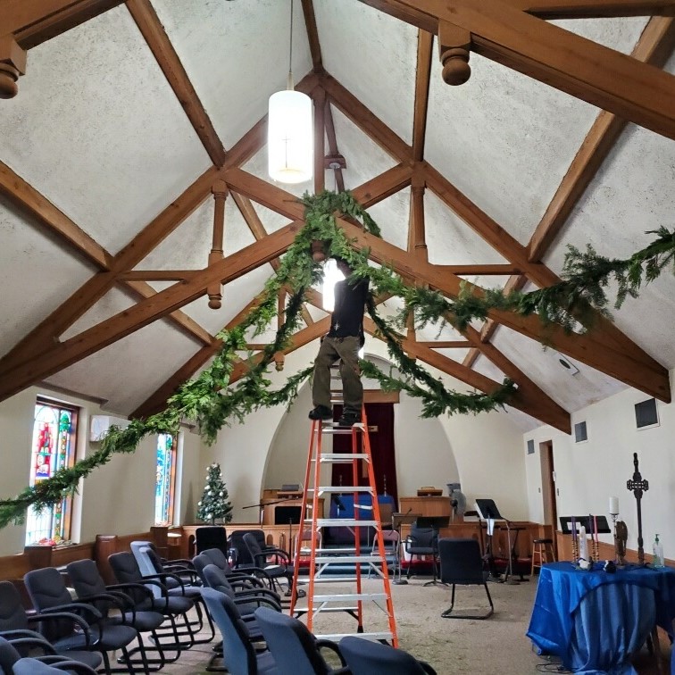 Putting up Chapel Greenery